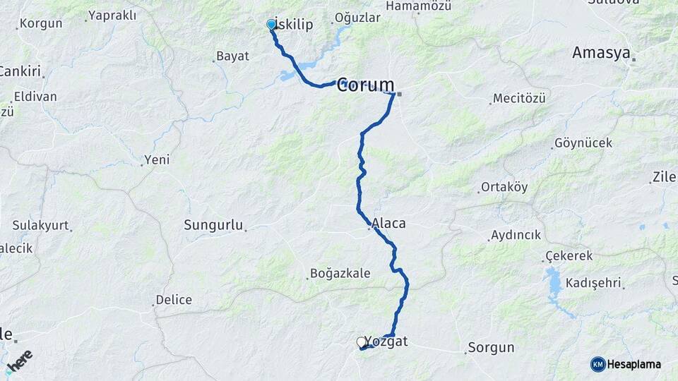 Çorum İskilip Yozgat Arası Kaç Km - Yol Haritası