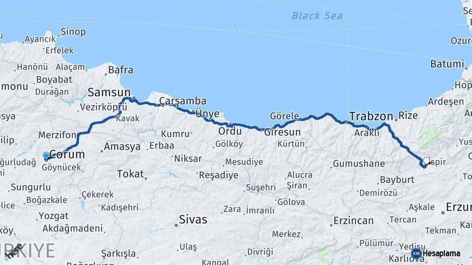 Çorum İspir Erzurum Arası Kaç Km - Yol Haritası