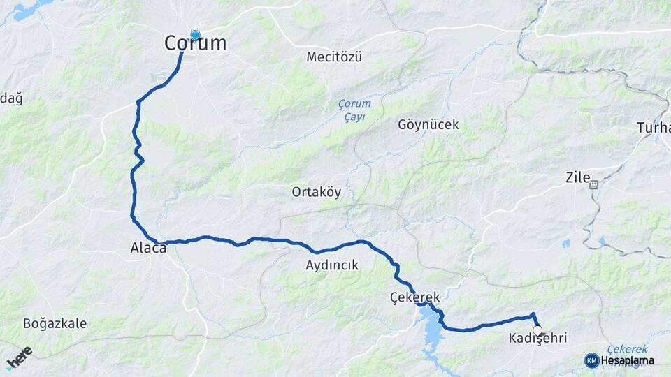 Çorum Kadışehri Yozgat Arası Kaç Km - Yol Haritası