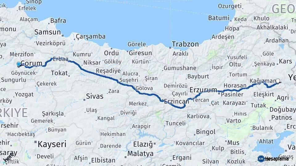 Çorum Kağızman Kars Arası Kaç Km - Yol Haritası