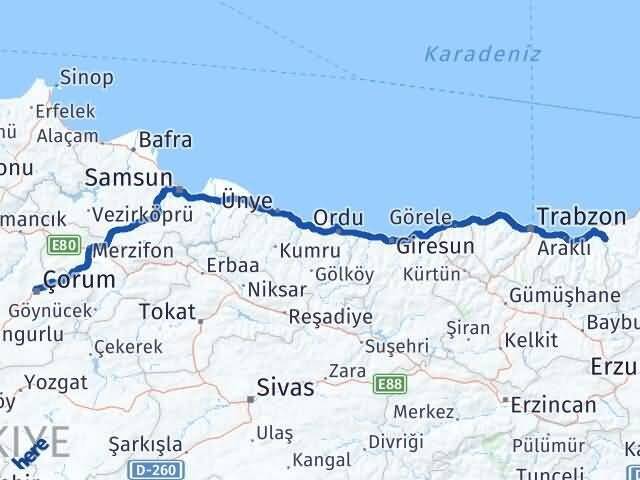 Çorum Kalkandere Rize Arası Kaç Km - Yol Haritası