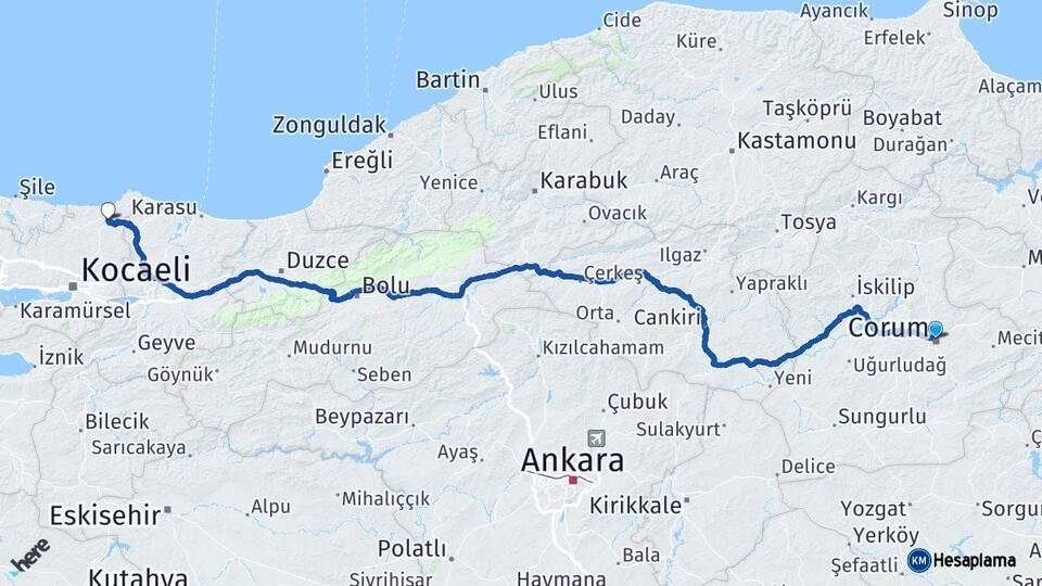 Çorum Kandıra Kocaeli Arası Kaç Km - Yol Haritası