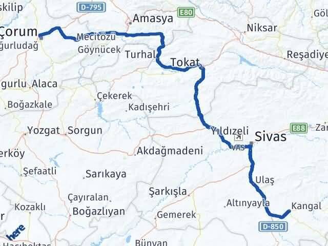 Çorum Kangal Sivas Arası Kaç Km - Yol Haritası