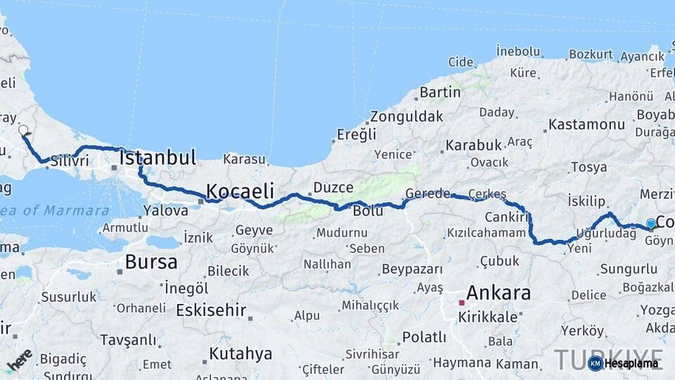Çorum Kapaklı Tekirdağ Arası Kaç Km - Yol Haritası