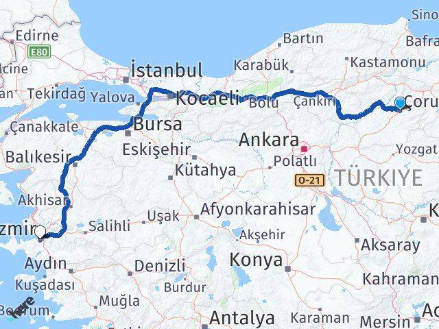 Çorum Karabağlar İzmir Arası Kaç Km - Yol Haritası