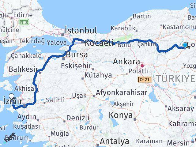 Çorum Karaburun İzmir Arası Kaç Km - Yol Haritası