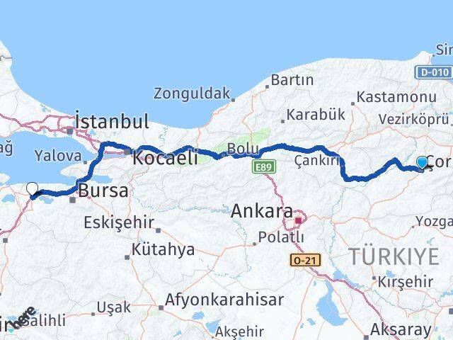 Çorum Karacabey Bursa Arası Kaç Km - Yol Haritası