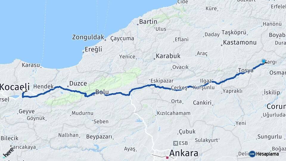 Çorum Kargı Adapazarı Sakarya Arası Kaç Km - Yol Haritası