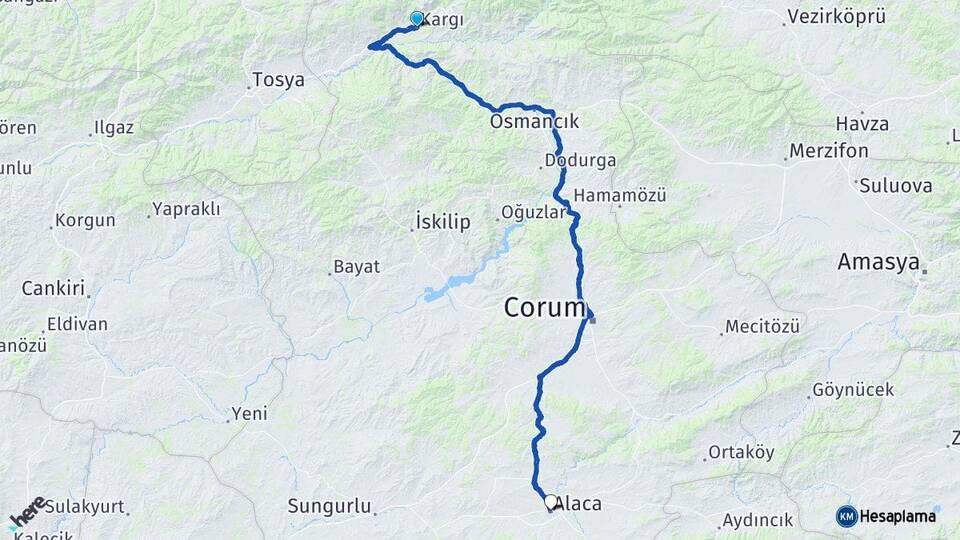 Çorum Kargı Alaca Arası Kaç Km - Yol Haritası