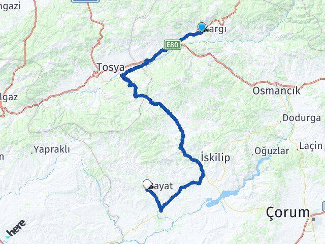 Çorum Kargı Bayat Arası Kaç Km - Yol Haritası