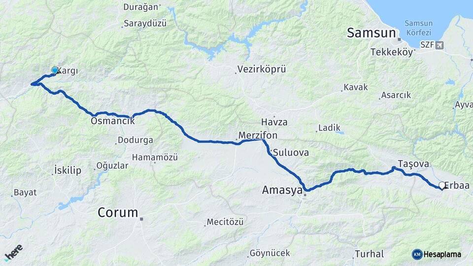 Çorum Kargı Erbaa Tokat Arası Kaç Km - Yol Haritası