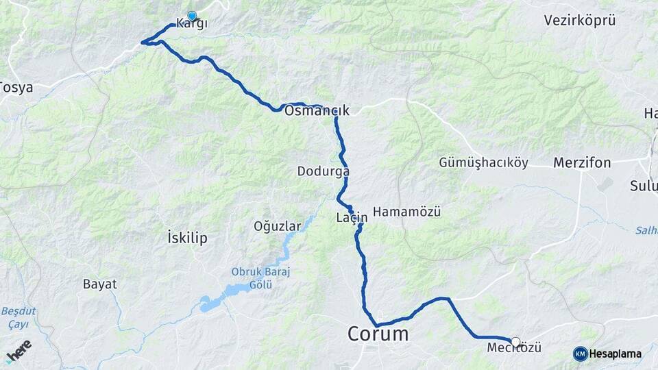 Çorum Kargı Mecitözü Arası Kaç Km - Yol Haritası