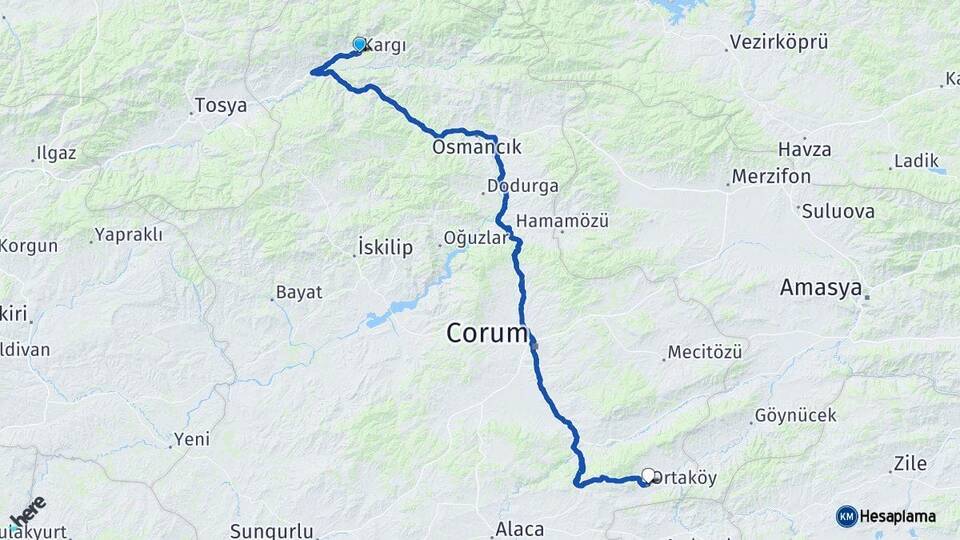 Çorum Kargı Ortaköy Arası Kaç Km - Yol Haritası