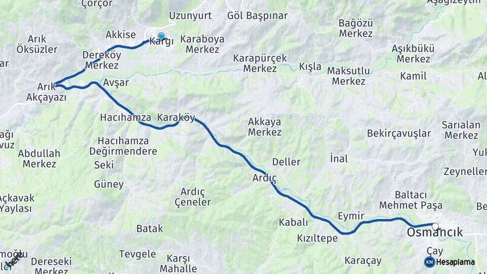 Çorum Kargı Osmancık Arası Kaç Km - Yol Haritası