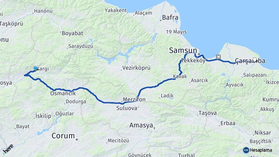 Çorum Kargı Terme Samsun Arası Kaç Km - Yol Haritası