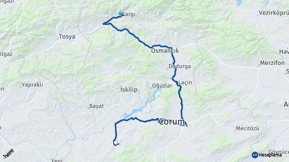 Çorum Kargı Uğurludağ Arası Kaç Km - Yol Haritası