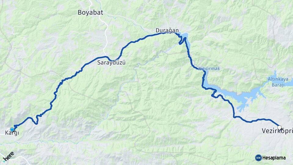 Çorum Kargı Vezirköprü Samsun Arası Kaç Km - Yol Haritası