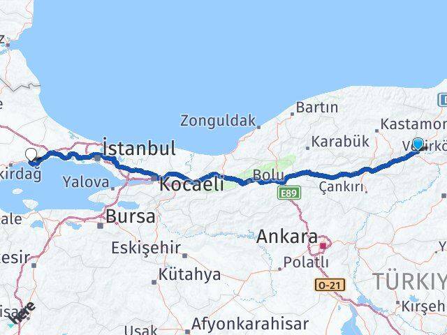 Çorum Kargı Yeniçiftlik Marmaraereğlisi Tekirdağ Arası Kaç Km - Yol Haritası