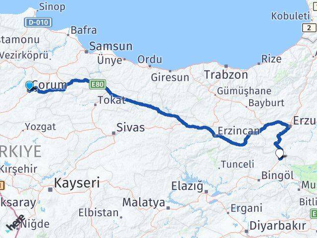 Çorum Karlıova Bingöl Arası Kaç Km - Yol Haritası