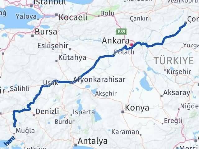 Çorum Kavaklıdere Muğla Arası Kaç Km - Yol Haritası