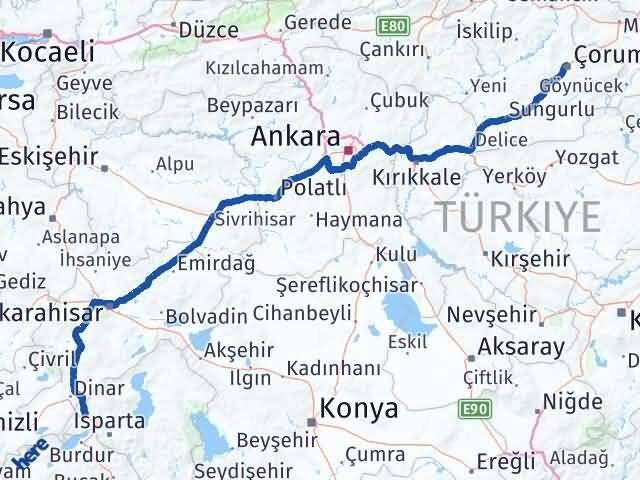 Çorum Keçiborlu Isparta Arası Kaç Km - Yol Haritası