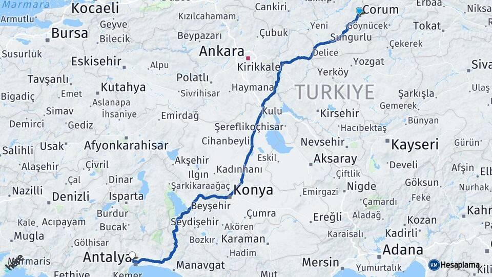 Çorum Kepez Antalya Arası Kaç Km - Yol Haritası