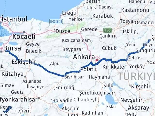 Çorum Kestel Bursa Arası Kaç Km - Yol Haritası
