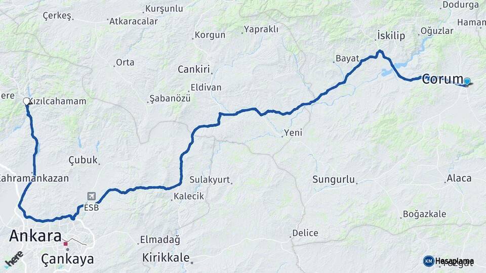 Çorum Kızılcahamam Ankara Arası Kaç Km - Yol Haritası