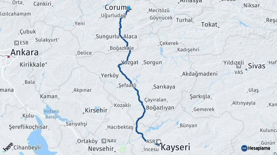 Çorum Kocasinan Kayseri Arası Kaç Km - Yol Haritası