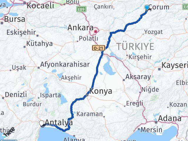 Çorum Konyaaltı Antalya Arası Kaç Km - Yol Haritası