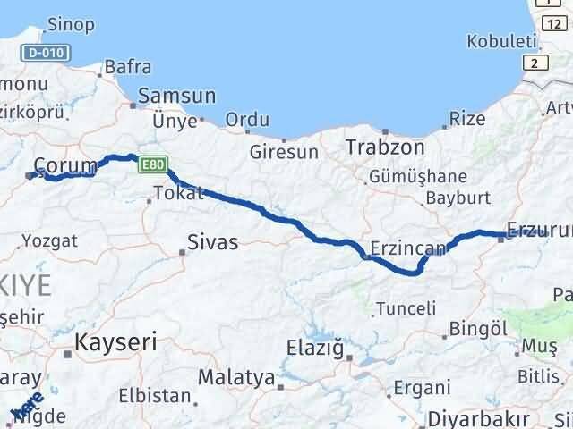 Çorum Köprüköy Erzurum Arası Kaç Km - Yol Haritası