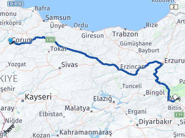 Çorum Korkut Muş Arası Kaç Km - Yol Haritası