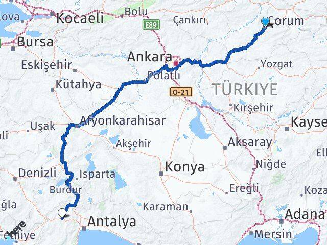 Çorum Korkuteli Antalya Arası Kaç Km - Yol Haritası