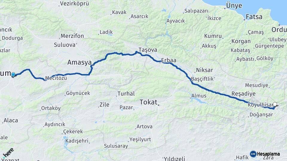 Çorum Koyulhisar Sivas Arası Kaç Km - Yol Haritası