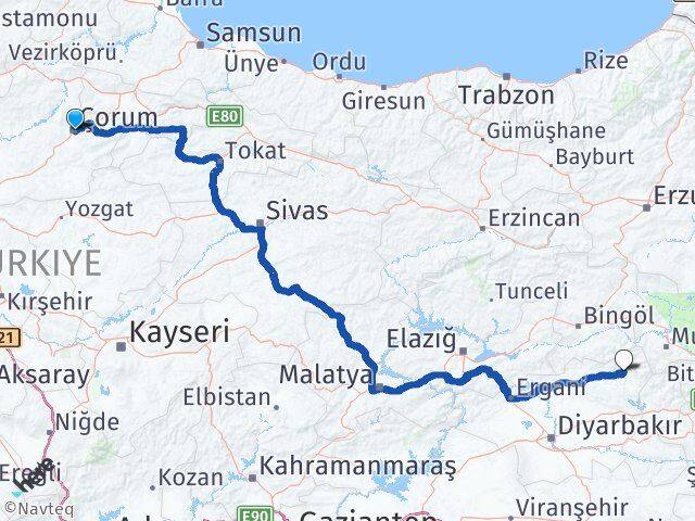 Çorum Kulp Diyarbakır Arası Kaç Km - Yol Haritası