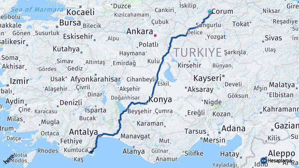 Çorum Kumluca Antalya Arası Kaç Km - Yol Haritası