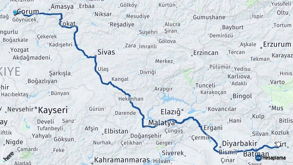 Çorum Kurtalan Siirt Arası Kaç Km - Yol Haritası