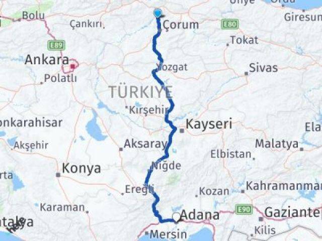 Çorum Laçin Adana Arası Kaç Km - Yol Haritası