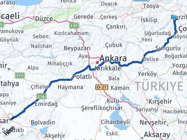 Çorum Laçin Afyonkarahisar Arası Kaç Km - Yol Haritası