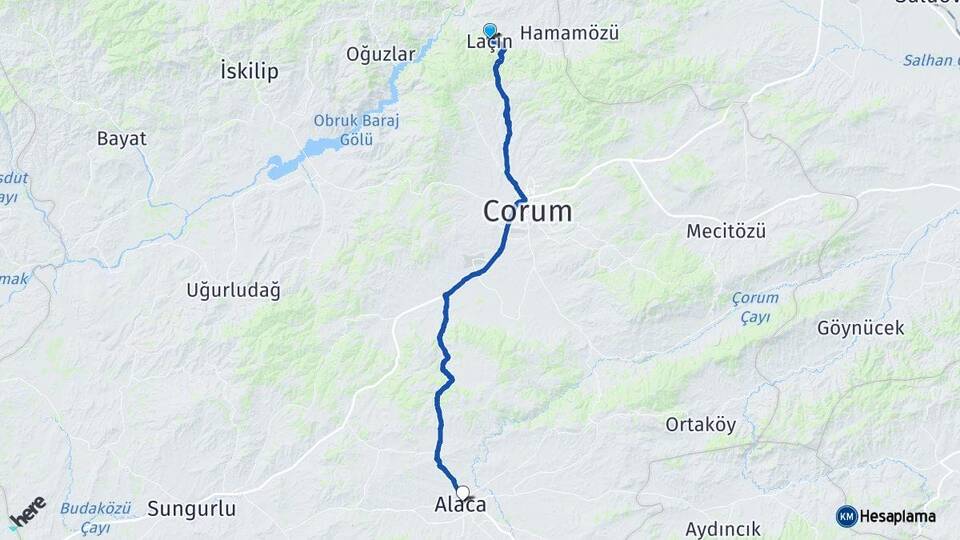 Çorum Laçin Alaca Arası Kaç Km - Yol Haritası