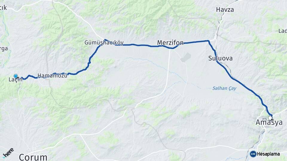 Çorum Laçin Amasya Arası Kaç Km - Yol Haritası