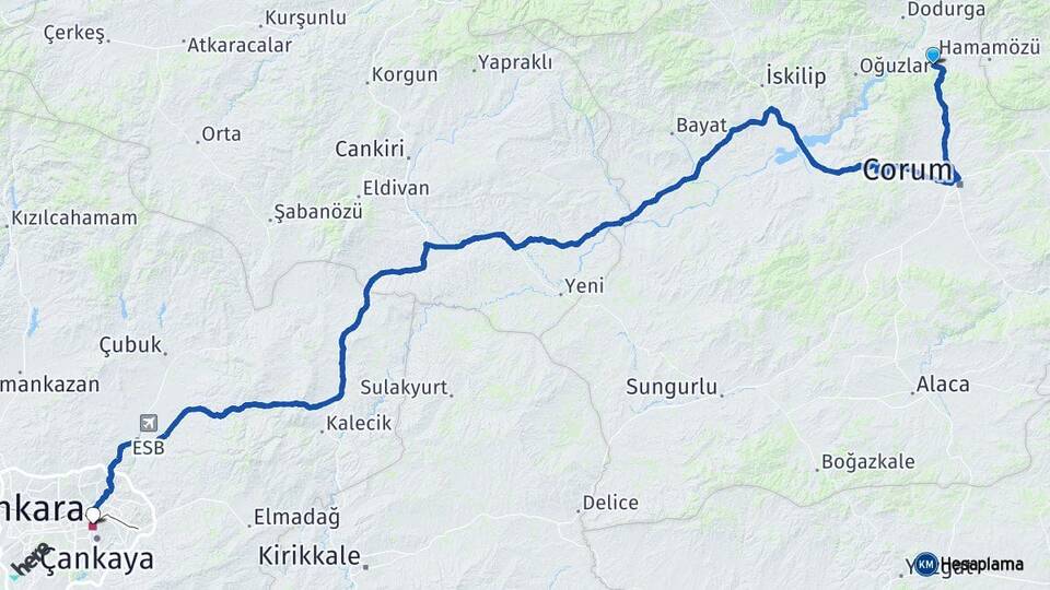 Çorum Laçin Ankara Arası Kaç Km - Yol Haritası