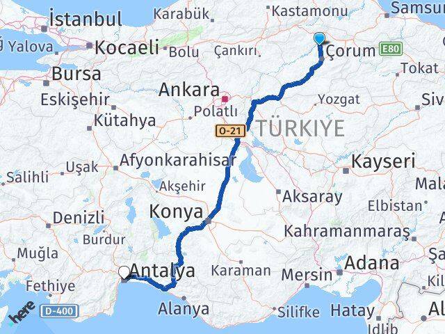 Çorum Laçin Antalya Arası Kaç Km - Yol Haritası