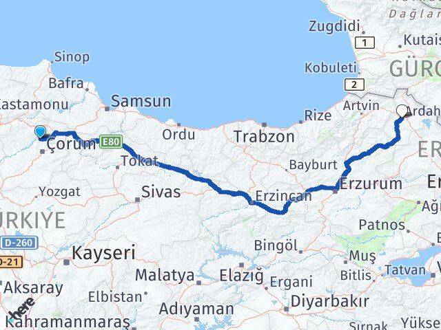 Çorum Laçin Ardahan Arası Kaç Km - Yol Haritası