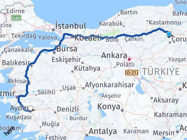 Çorum Laçin Aydın Arası Kaç Km - Yol Haritası