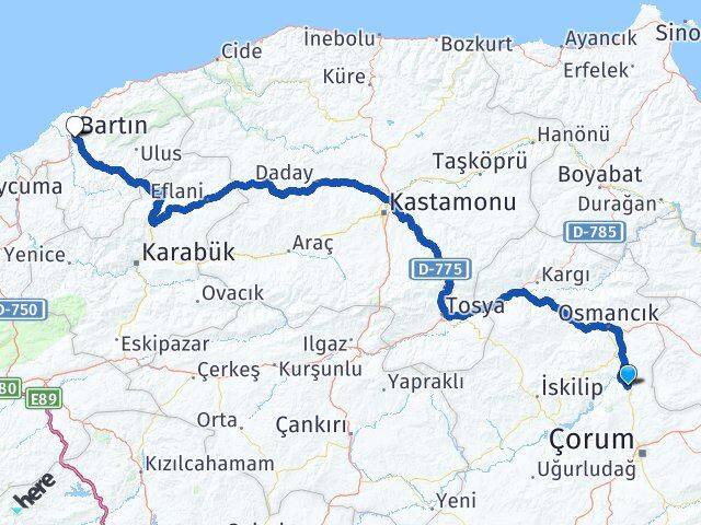 Çorum Laçin Bartın Arası Kaç Km - Yol Haritası