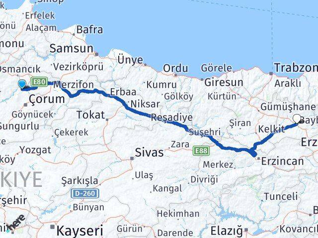 Çorum Laçin Bayburt Arası Kaç Km - Yol Haritası