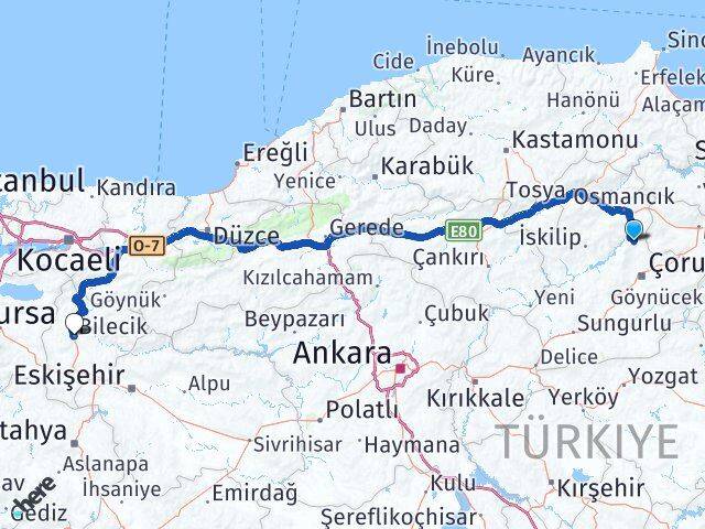Çorum Laçin Bilecik Arası Kaç Km - Yol Haritası