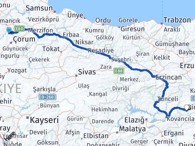 Çorum Laçin Bingöl Arası Kaç Km - Yol Haritası