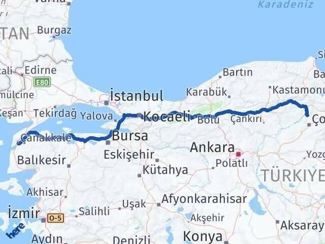 Çorum Laçin Çanakkale Arası Kaç Km - Yol Haritası